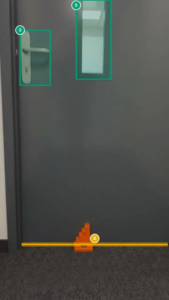 Inspector view: the gap under the door traced in amber as check, the handle and glazing boxed in green as pass