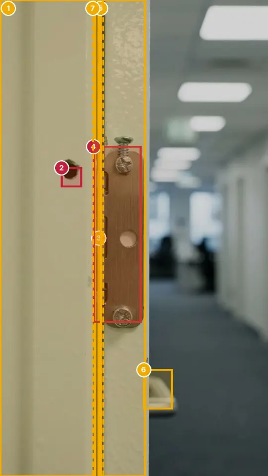 Inspector view: the hinge with a missing screw and the hole in the frame boxed in red, the strip and edge marked check in amber