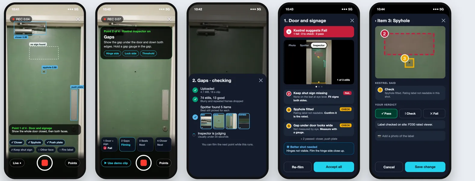 Five phone screens: live boxes while filming, the gaps point with a gauge prompt, a progress sheet with the spotter's best stills, the findings for a point with Accept all, and changing one item's verdict