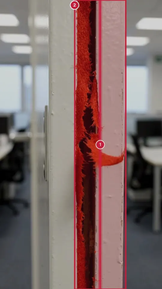 Inspector view: the torn smoke seal and the damage boxed in red as fails