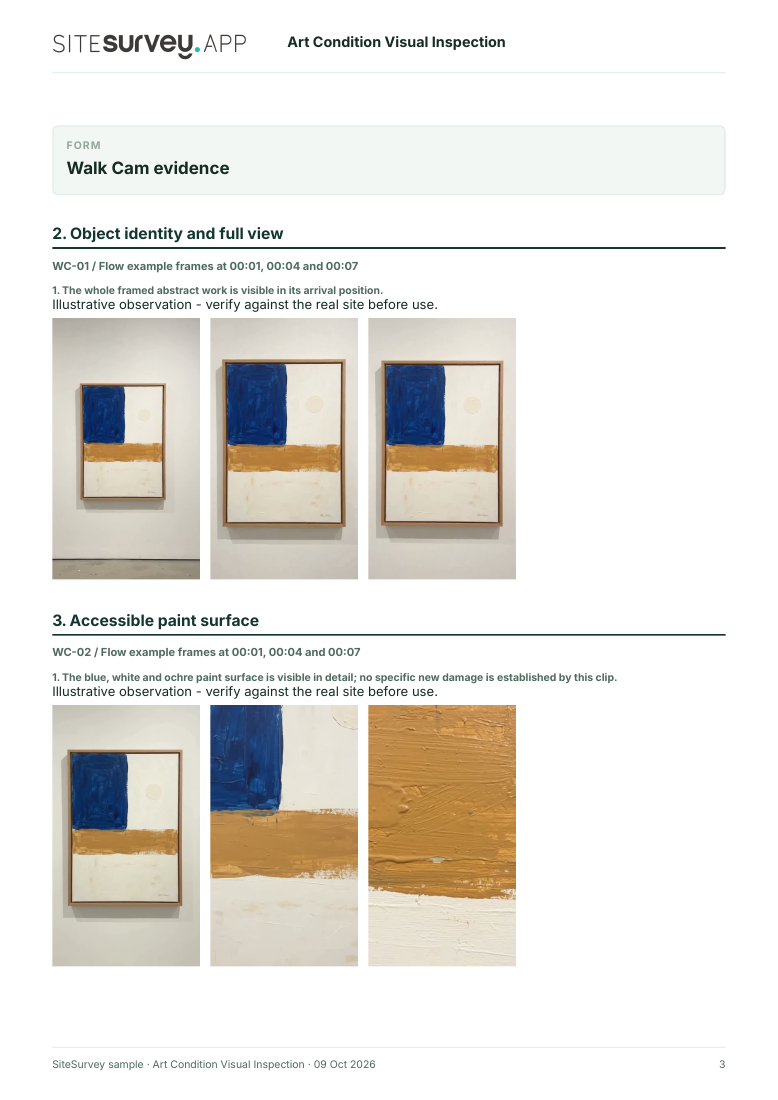 Visual evidence page from the Art condition visual inspection report, with footage stills and observations