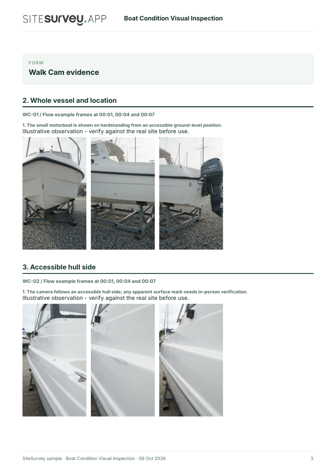 Visual evidence page from the Boat condition visual inspection report, with footage stills and observations