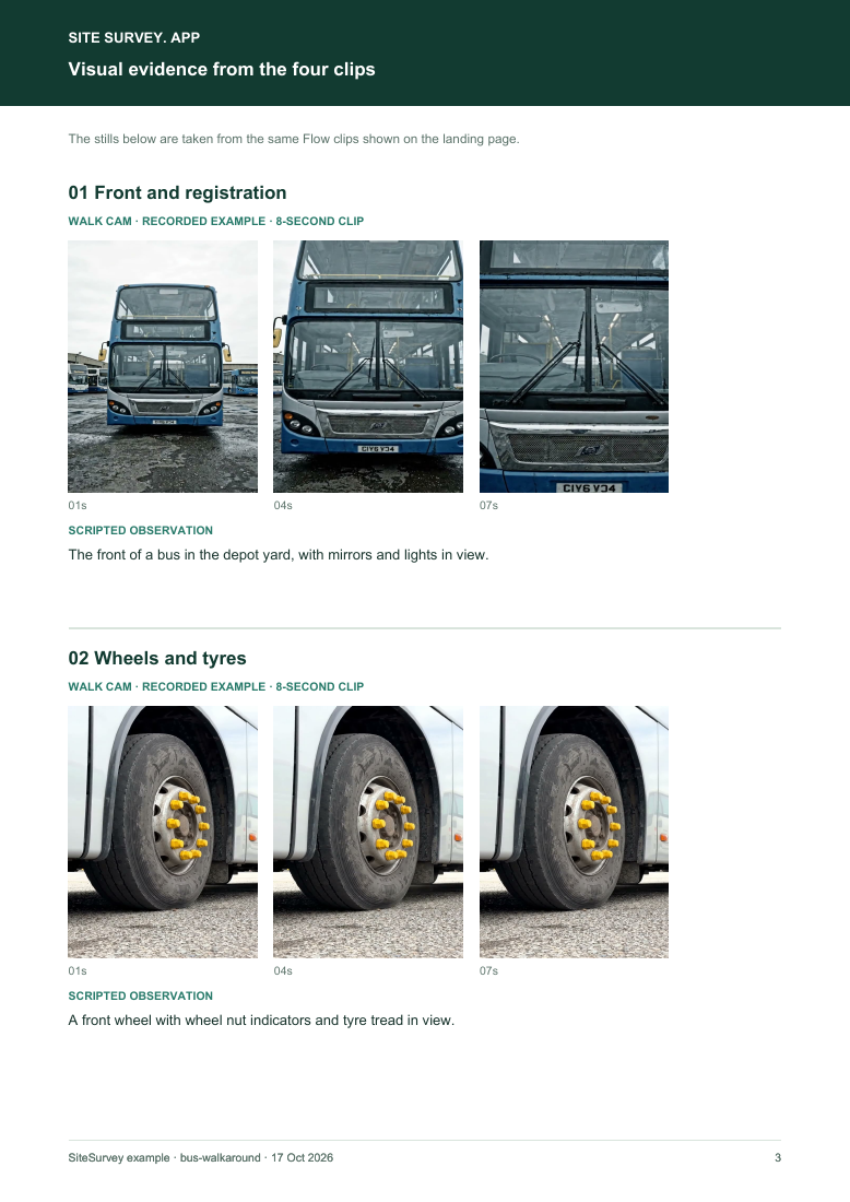 Visual evidence page from the bus and coach walkaround check visual route sample report, with footage stills and observations