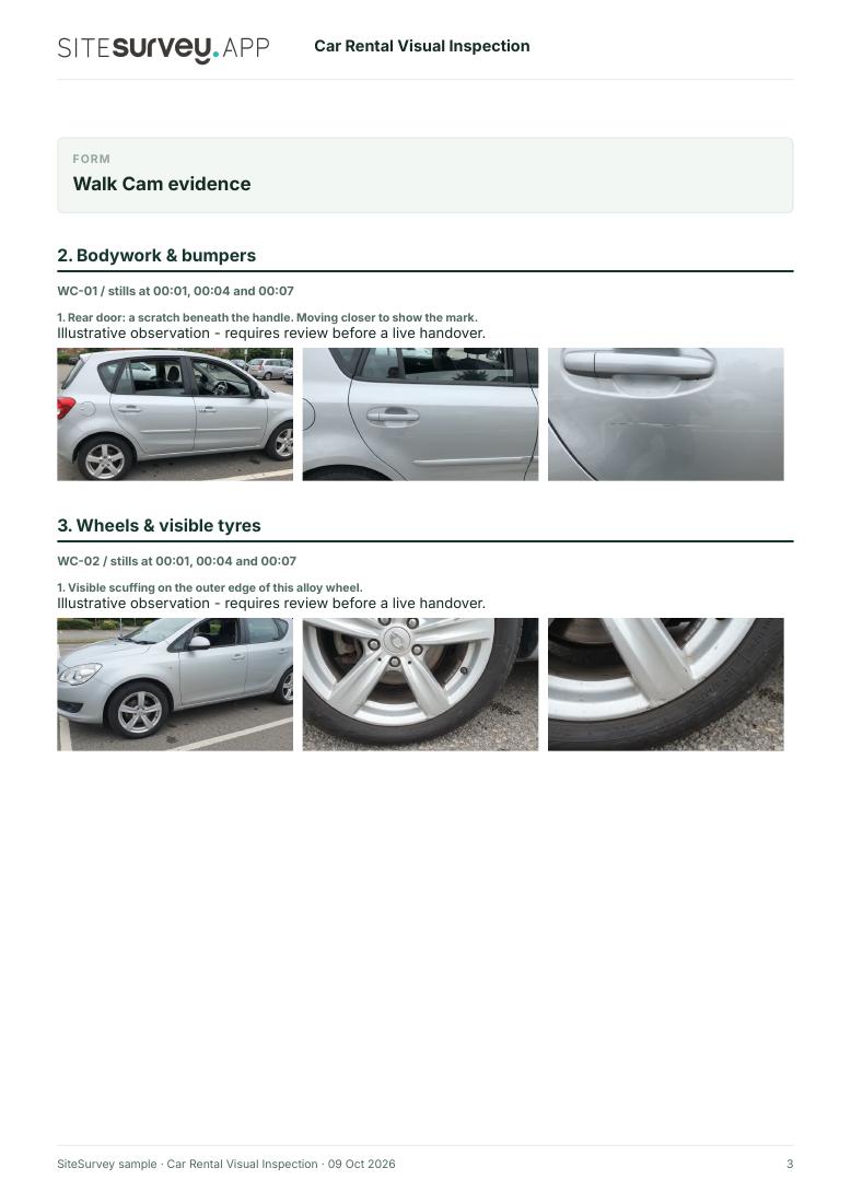Page three of the sample PDF, showing visual evidence and observations from the car rental inspection