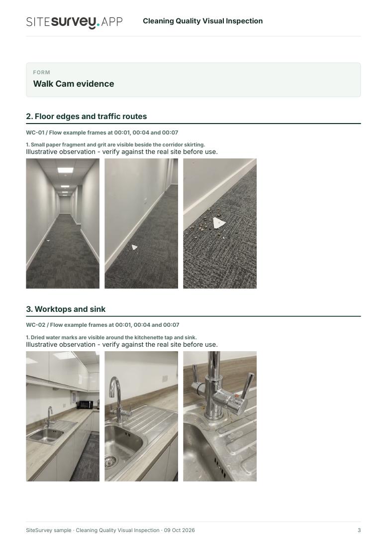 Visual evidence and footage stills in the cleaning visual inspection sample PDF