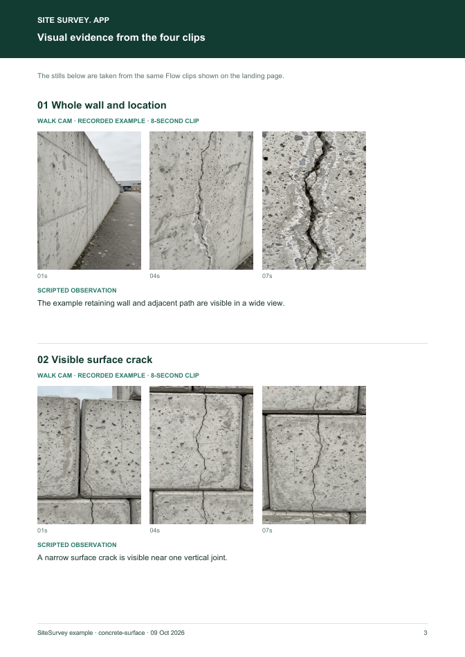 Visual evidence page from the Concrete surface visual inspection report, with footage stills and observations