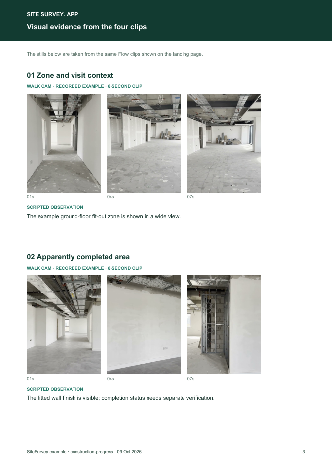 Visual evidence page from the Construction progress visual inspection report, with footage stills and observations