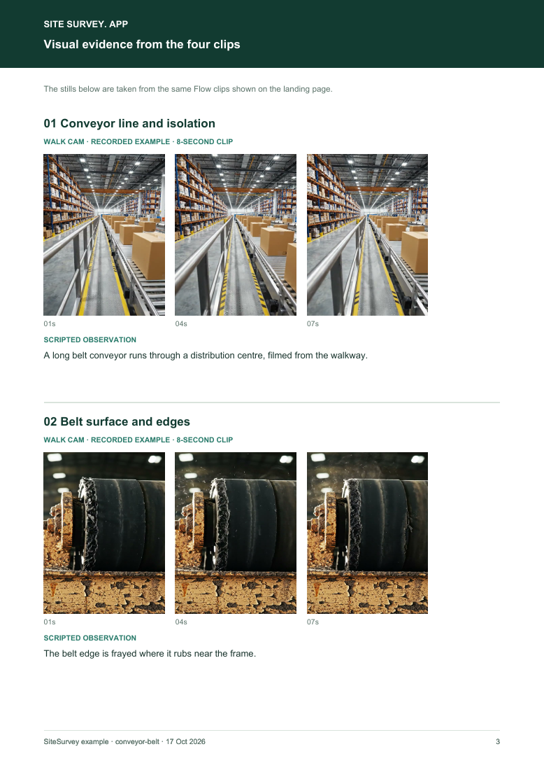 Visual evidence page from the conveyor belt inspection visual route sample report, with footage stills and observations