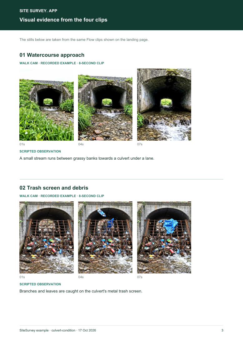 Visual evidence page from the culvert and trash screen inspection visual route sample report, with footage stills and observations