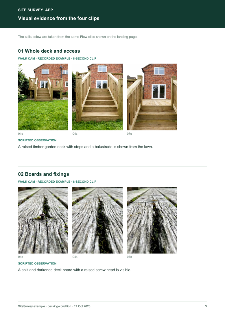 Visual evidence page from the decking inspection visual route sample report, with footage stills and observations