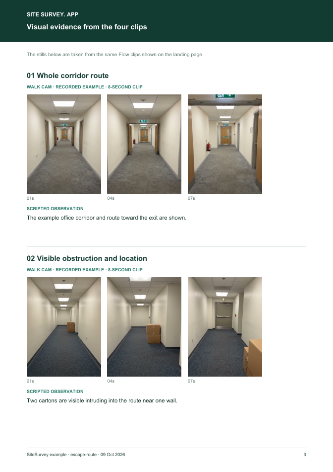 Visual evidence page from the Escape-route visual walkthrough report, with footage stills and observations