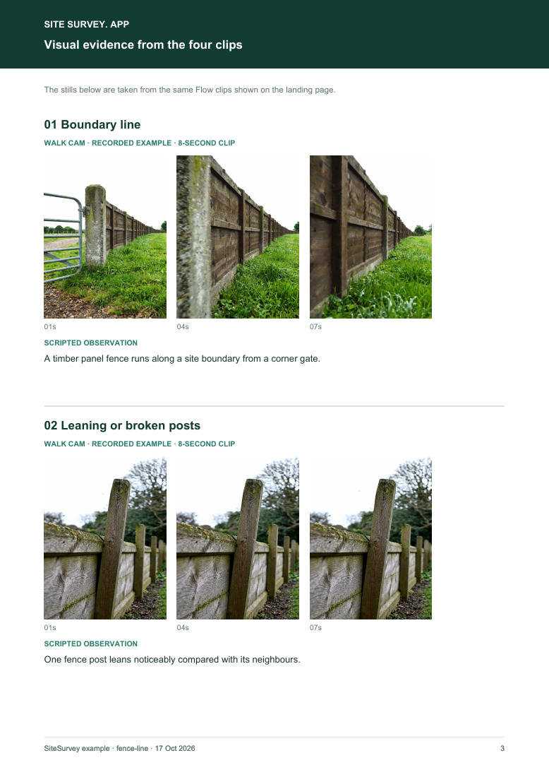 Visual evidence page from the fence and boundary inspection visual route sample report, with footage stills and observations