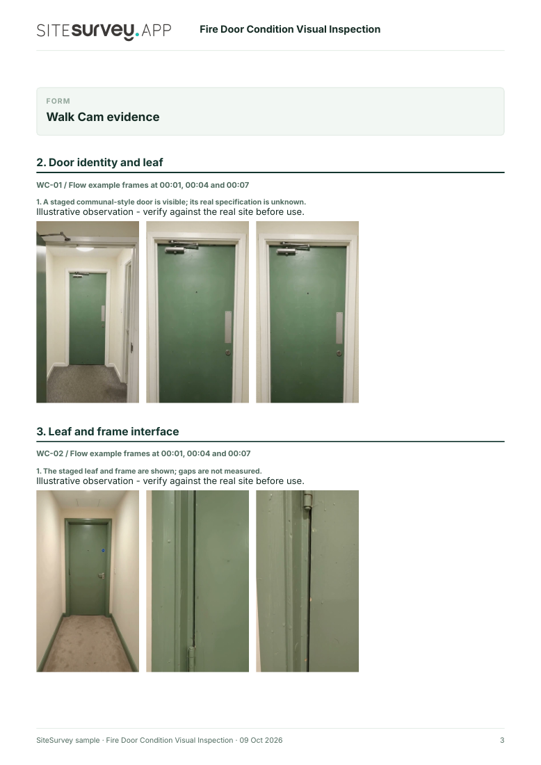 Visual evidence page from the Fire door condition visual inspection report, with footage stills and observations