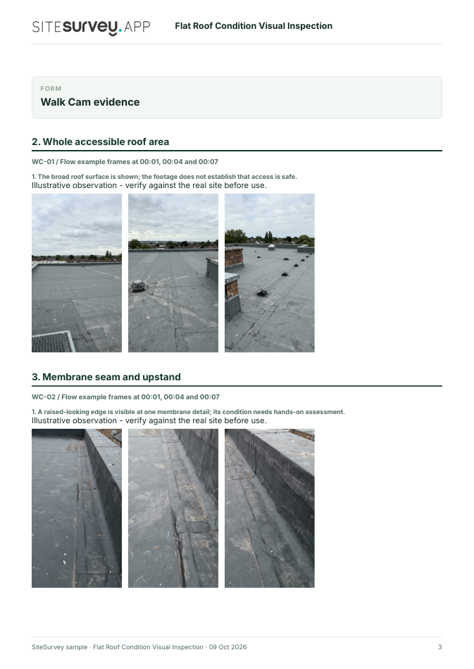 Visual evidence page from the Flat roof condition visual inspection report, with footage stills and observations