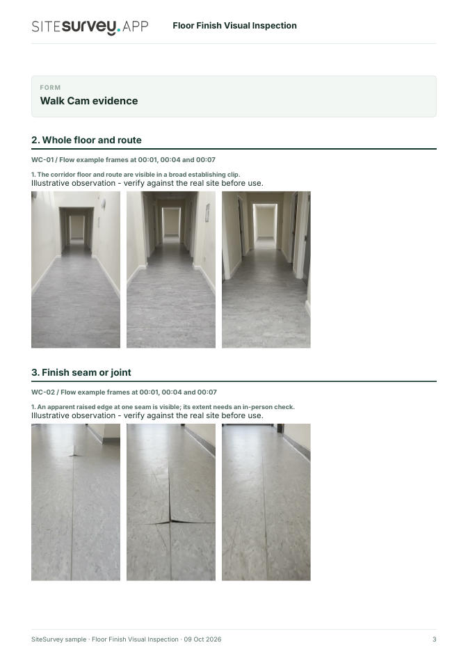 Visual evidence page from the Floor finish visual inspection report, with footage stills and observations