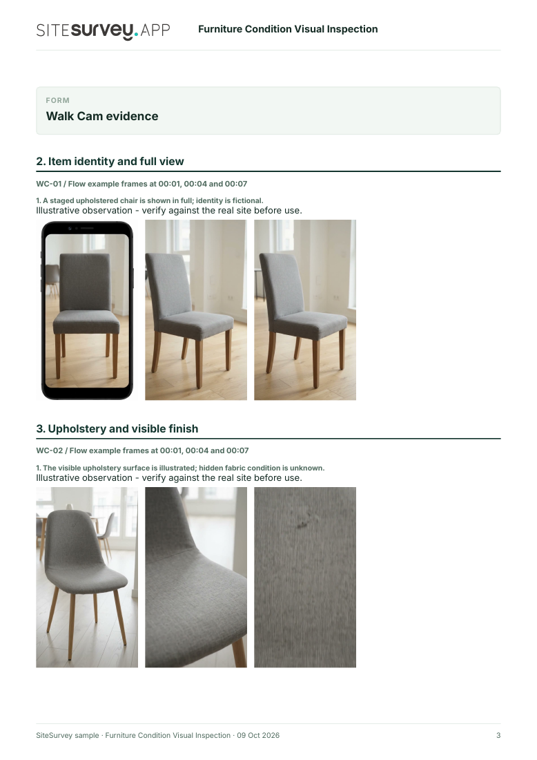 Visual evidence page from the Furniture condition visual inspection report, with footage stills and observations