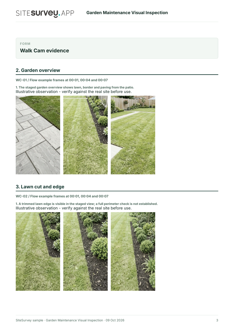 Visual evidence page from the Garden maintenance visual inspection report, with footage stills and observations
