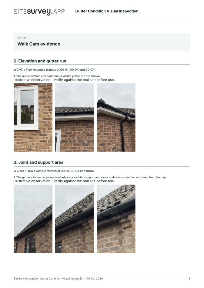 Visual evidence page from the Gutter condition visual inspection report, with footage stills and observations