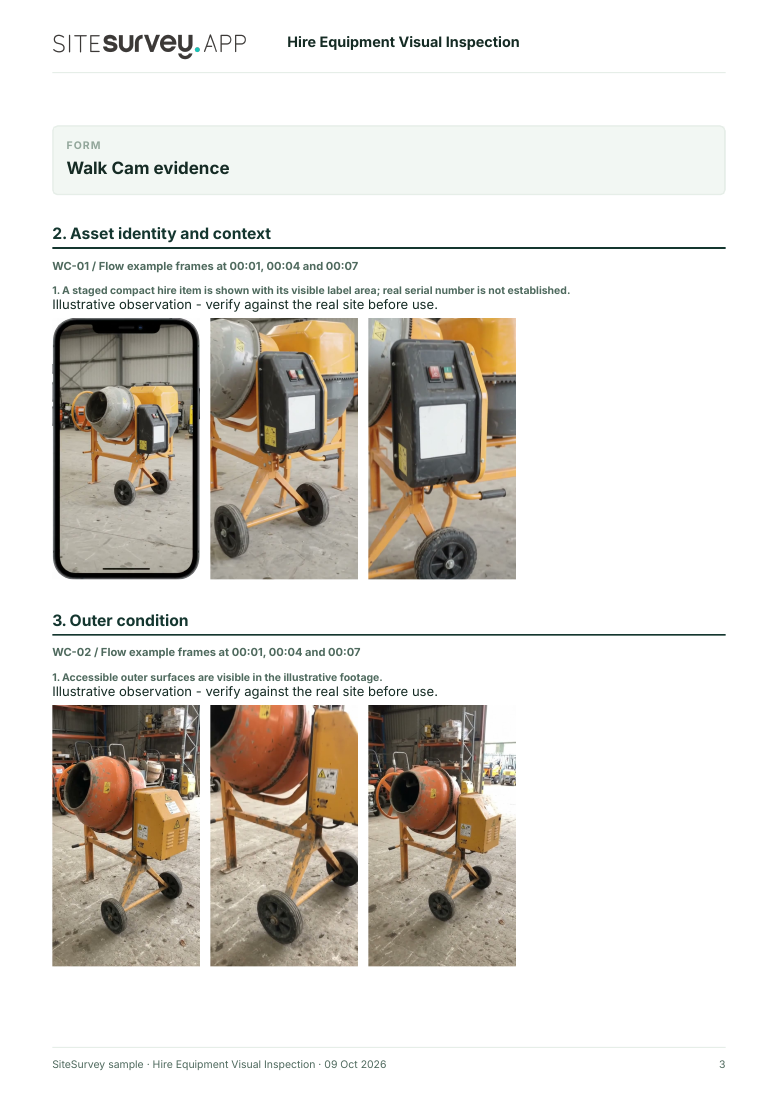 Visual evidence page from the Hire equipment visual inspection report, with footage stills and observations