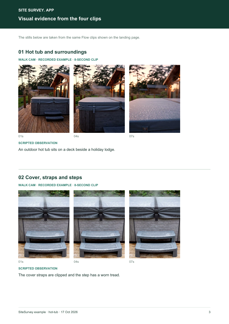 Visual evidence page from the hot tub and spa pool check visual route sample report, with footage stills and observations