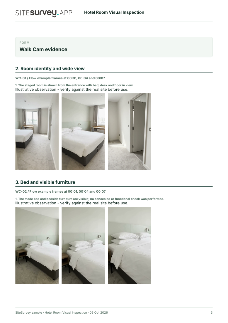 Visual evidence page from the Hotel room visual inspection report, with footage stills and observations