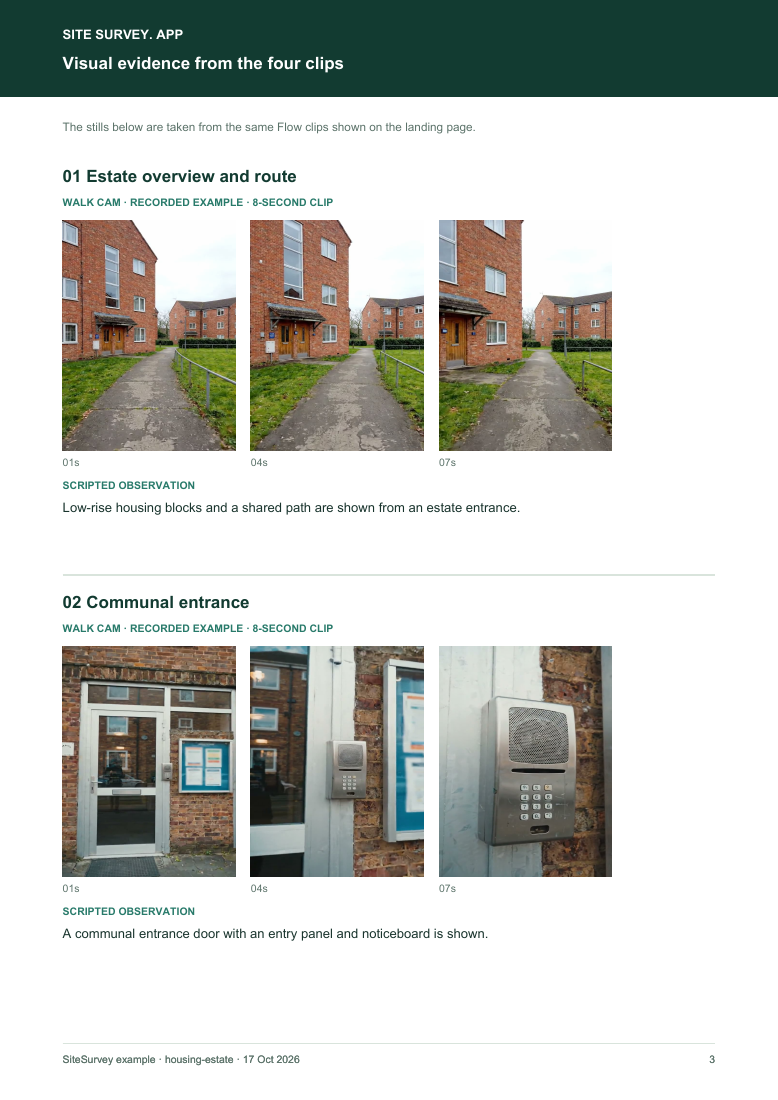 Visual evidence page from the estate inspection visual route sample report, with footage stills and observations
