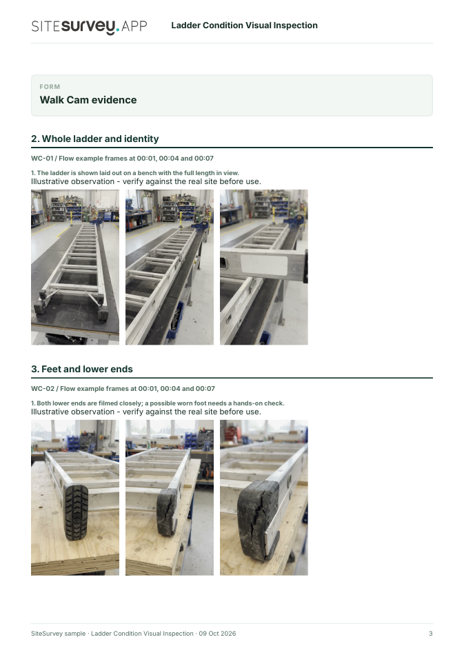 Visual evidence page from the Ladder condition visual inspection report, with footage stills and observations