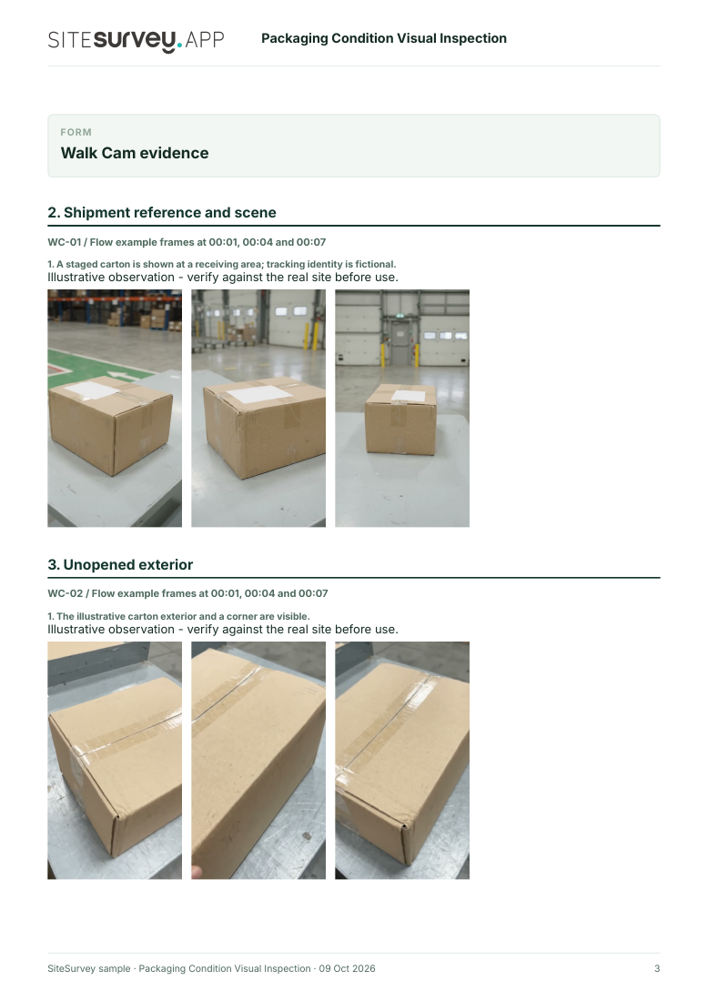 Visual evidence page from the Packaging condition visual inspection report, with footage stills and observations