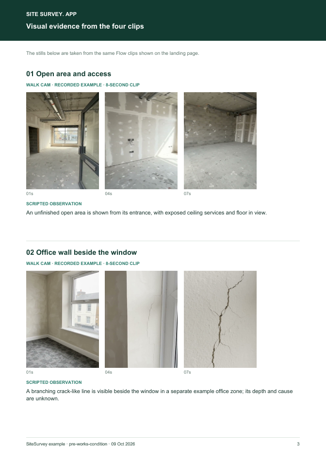 Visual evidence page from the Pre-works condition visual inspection report, with footage stills and observations