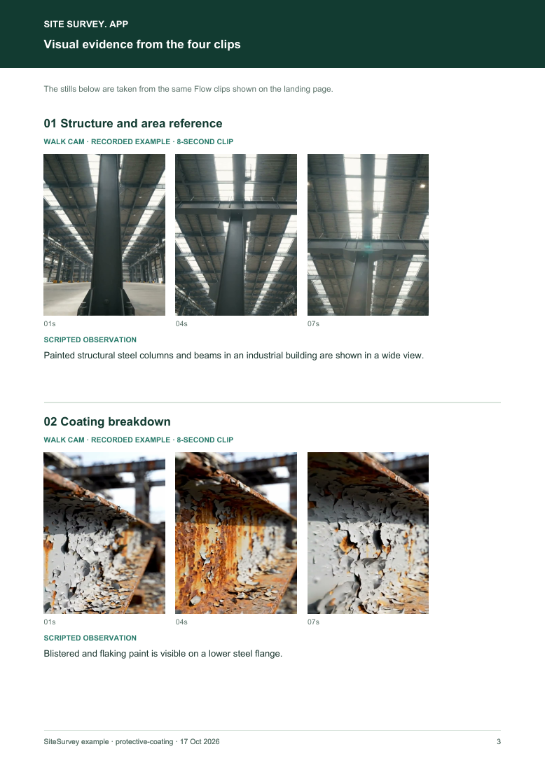 Visual evidence page from the coating and corrosion inspection visual route sample report, with footage stills and observations