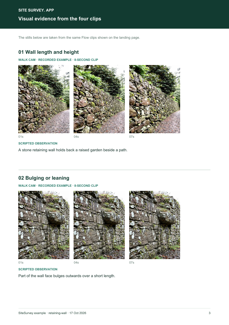 Visual evidence page from the retaining wall inspection visual route sample report, with footage stills and observations