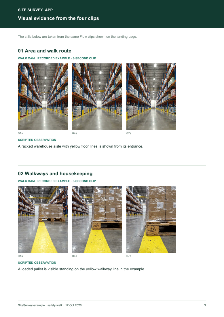 Visual evidence page from the Safety walk visual inspection report, with footage stills and observations