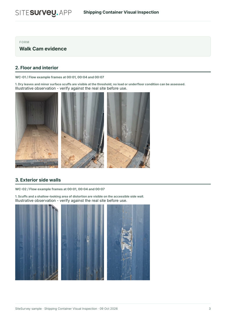 Visual evidence and footage stills in the shipping container visual inspection report