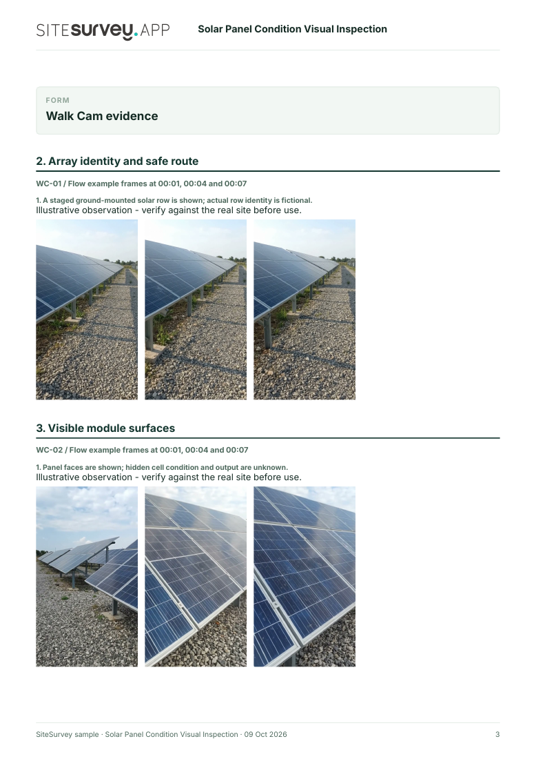 Visual evidence page from the Solar panel condition visual inspection report, with footage stills and observations
