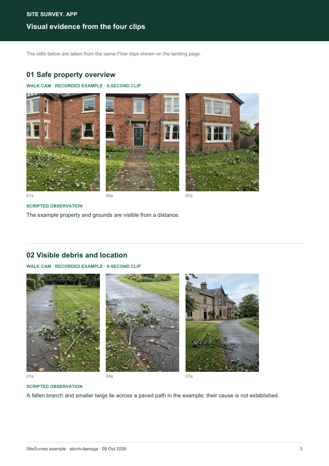 Visual evidence page from the Storm damage visual inspection report, with footage stills and observations