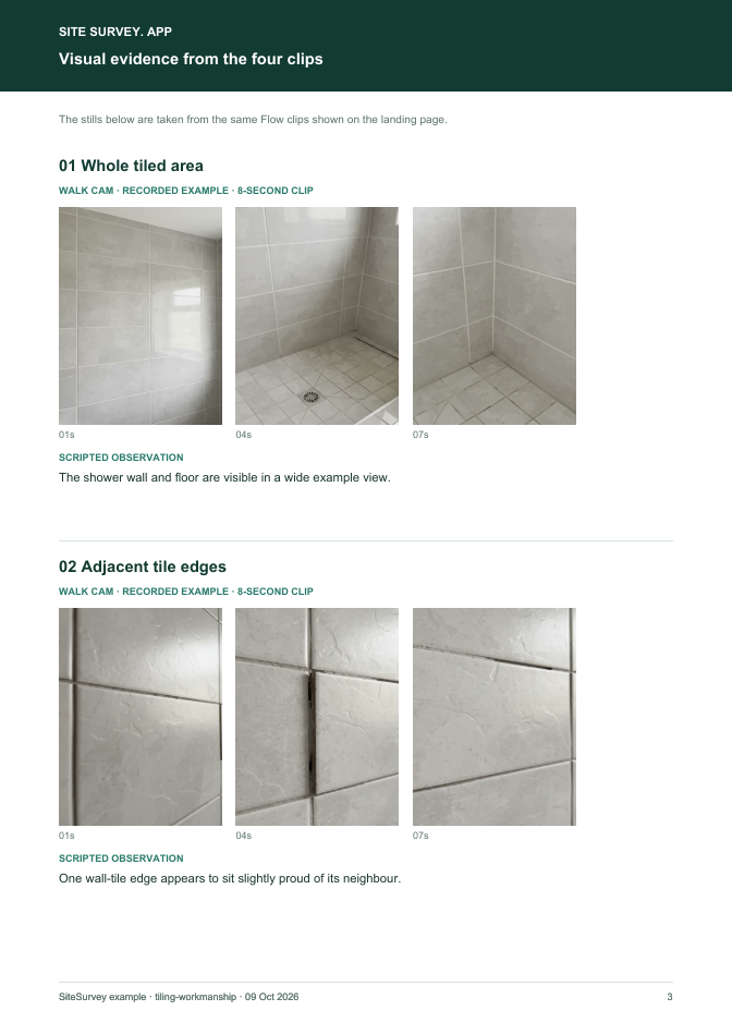 Visual evidence page from the Tiling workmanship visual inspection report, with footage stills and observations