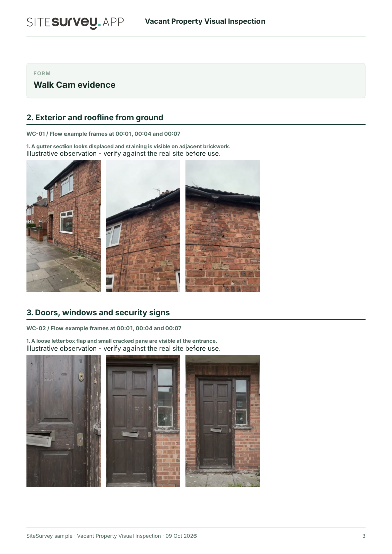 Visual evidence page from the Vacant property visual inspection report, with footage stills and observations
