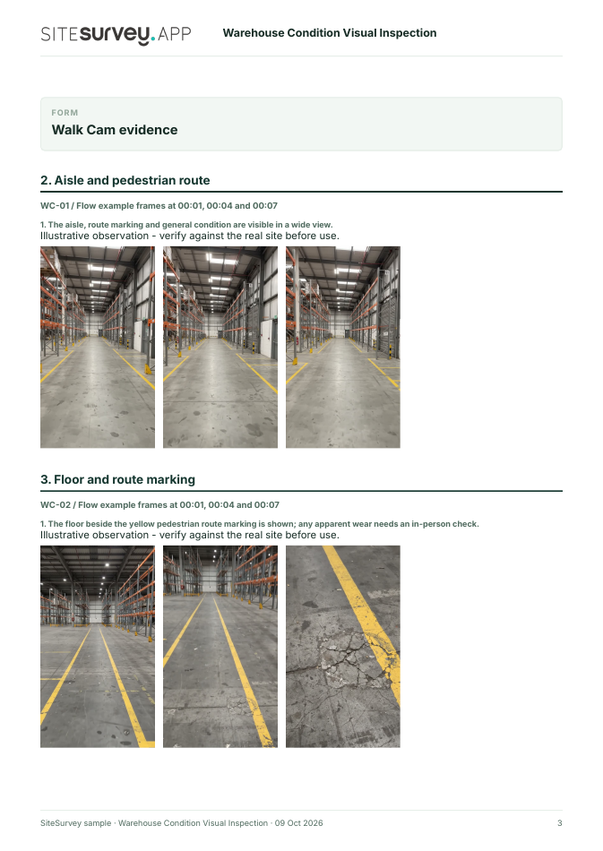 Visual evidence page from the Warehouse condition visual inspection report, with footage stills and observations