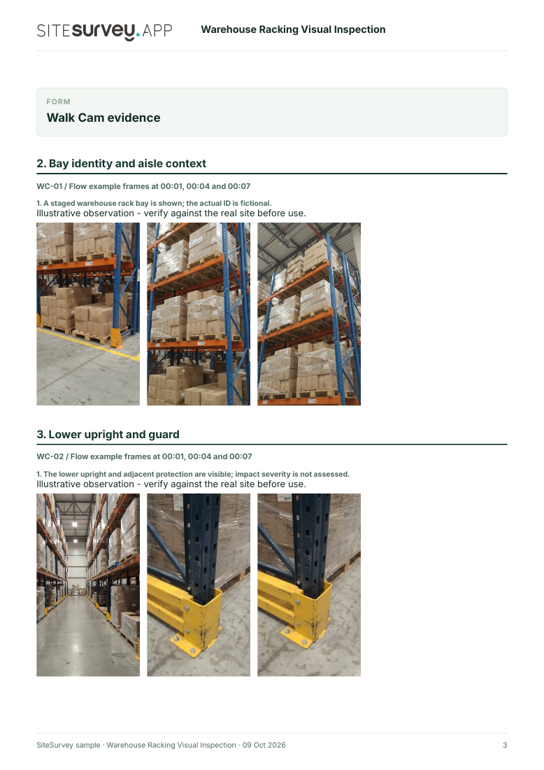 Visual evidence page from the Warehouse racking visual inspection report, with footage stills and observations