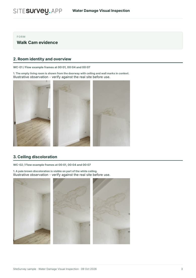 Visual evidence page from the Water damage visual inspection report, with footage stills and observations