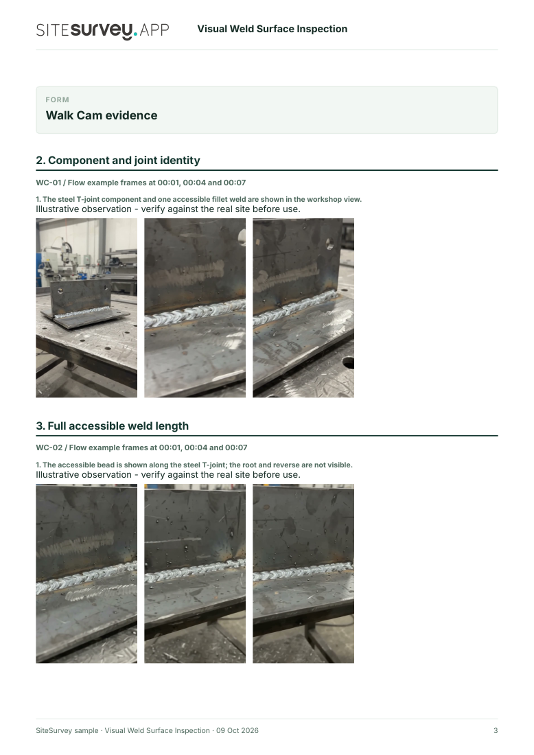 Visual evidence page from the Visual weld surface inspection report, with footage stills and observations
