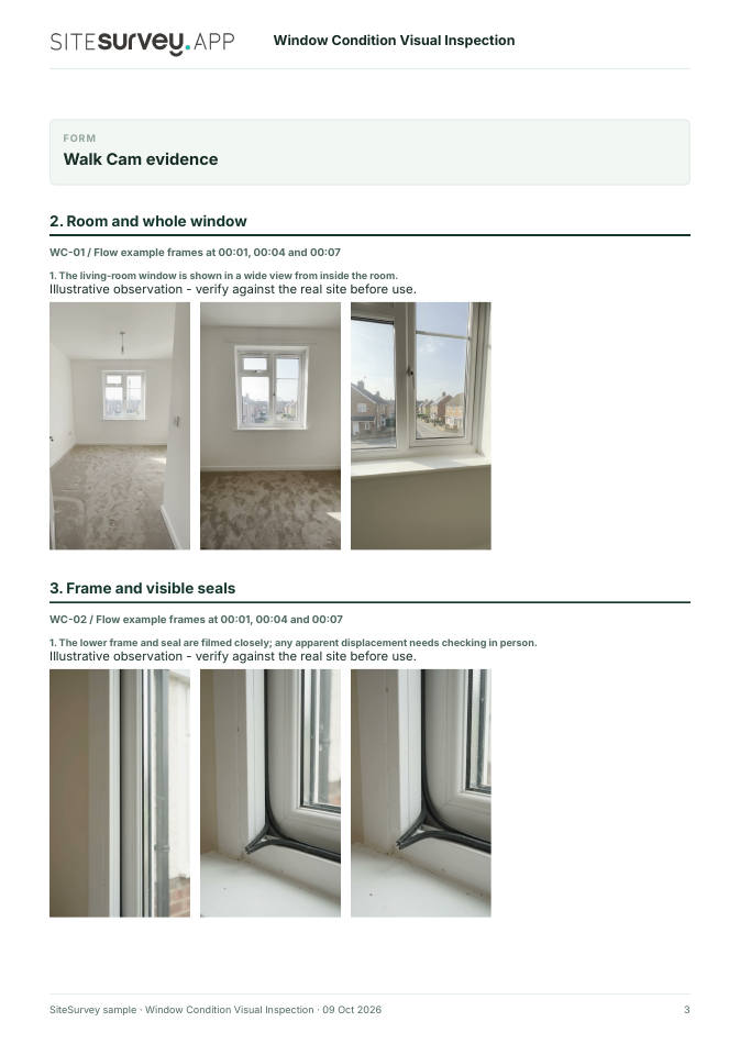 Visual evidence page from the Window condition visual inspection report, with footage stills and observations